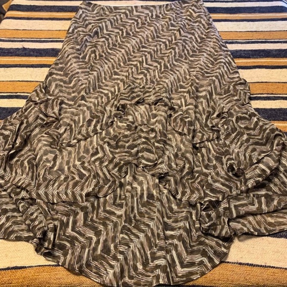 VTG‎ Ruffle Maxi Skirt VTG 16 Brown Chevron Tiered Boho Flowy Whimsy 90s